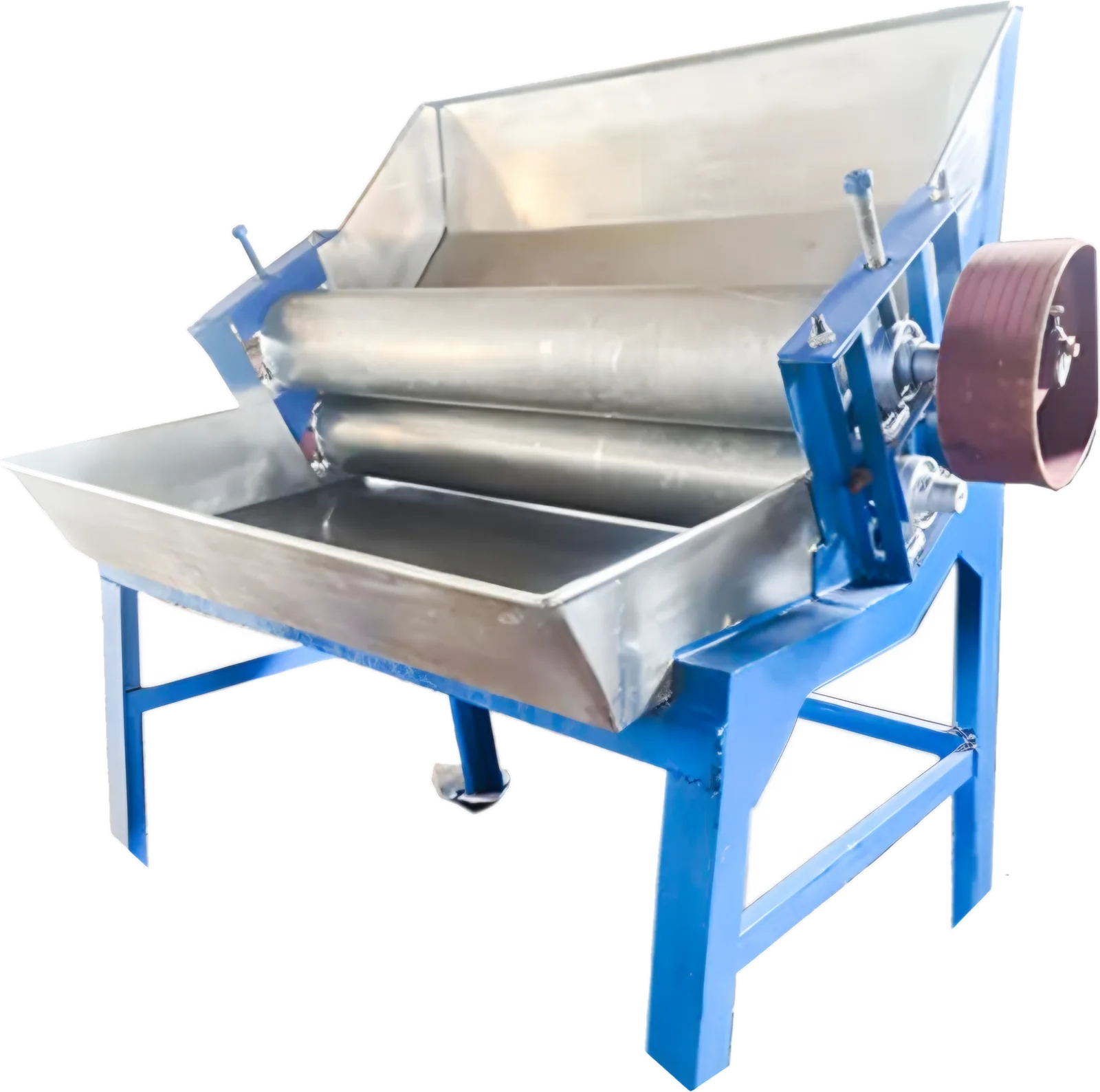 Bread roller refiner with twin stainless rollers, hopper and tray on blue stand