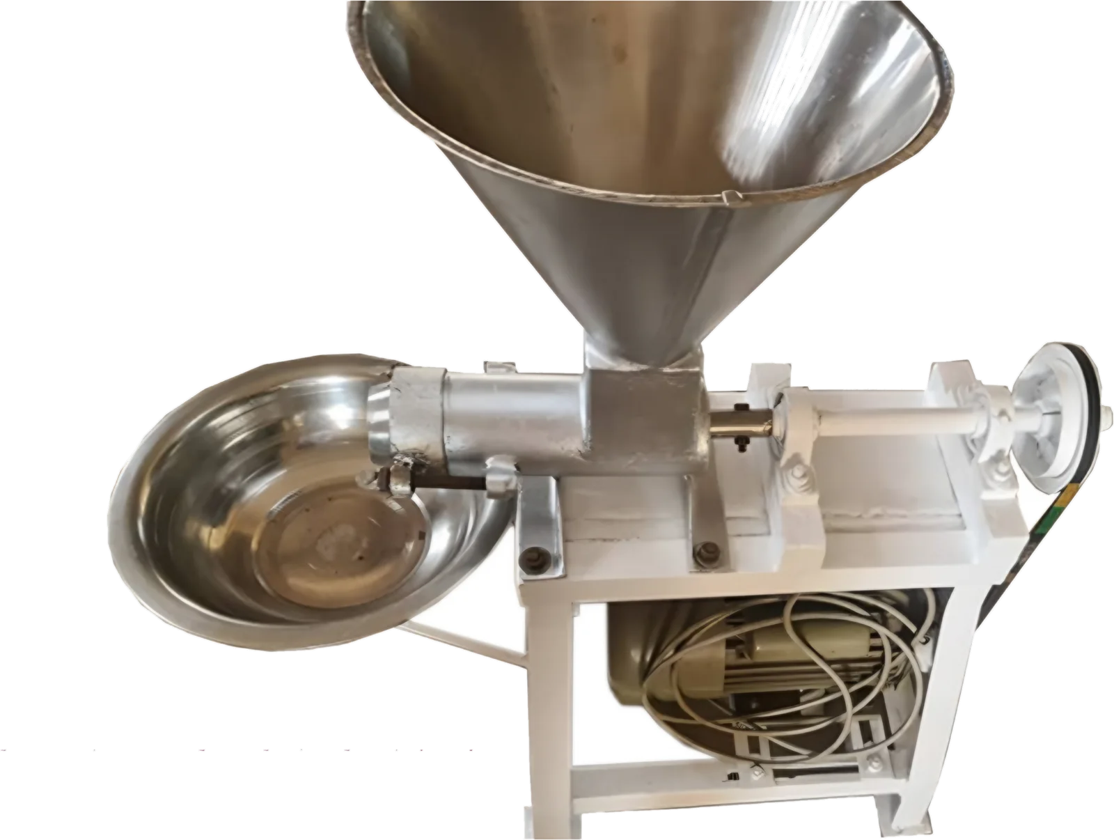 Electric fufu machine with stainless funnel, collecting bowl and motor beneath the frame