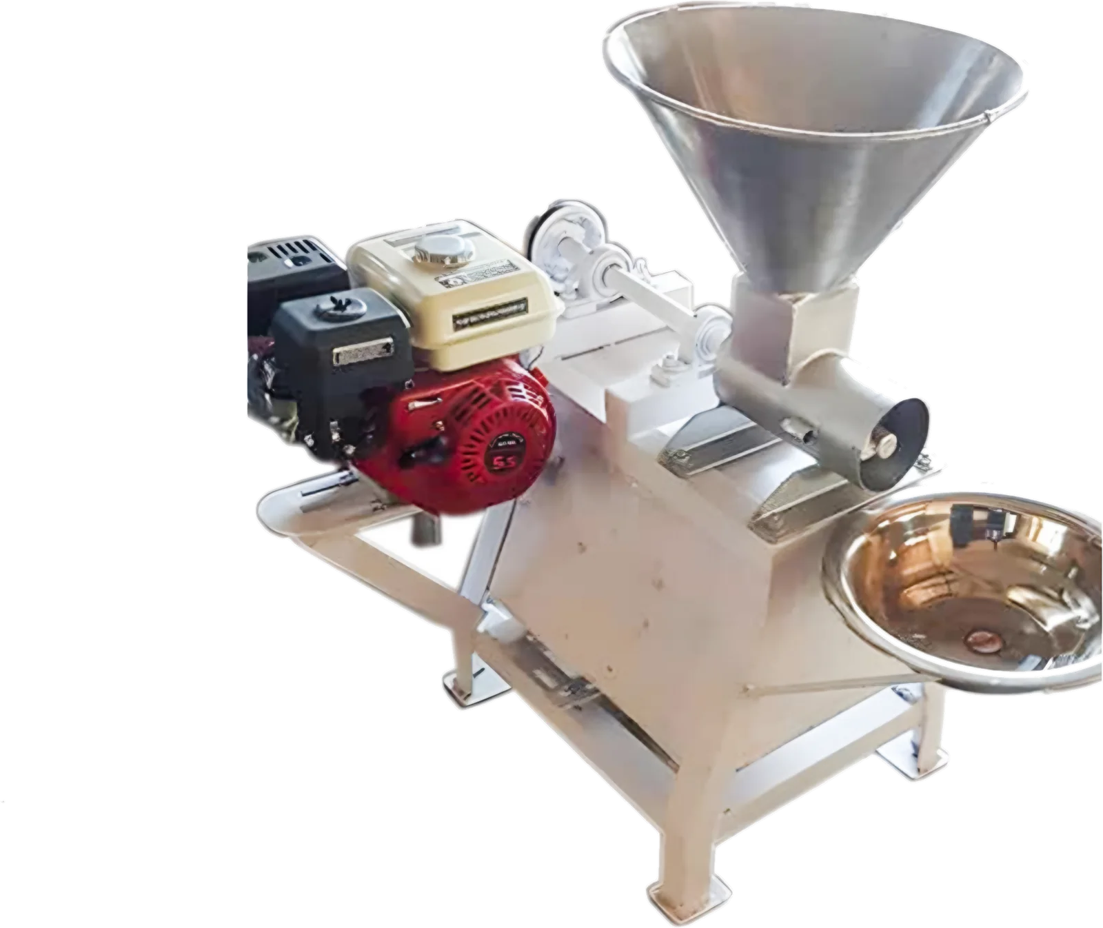 Petrol-engine fufu machine with stainless funnel, processing head and collecting bowl