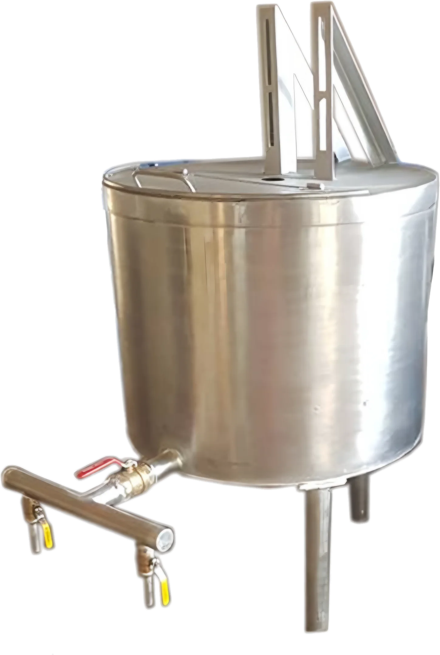 Stainless steel liquid soap mixing tank with overhead stirrer frame and valved outlet manifold
