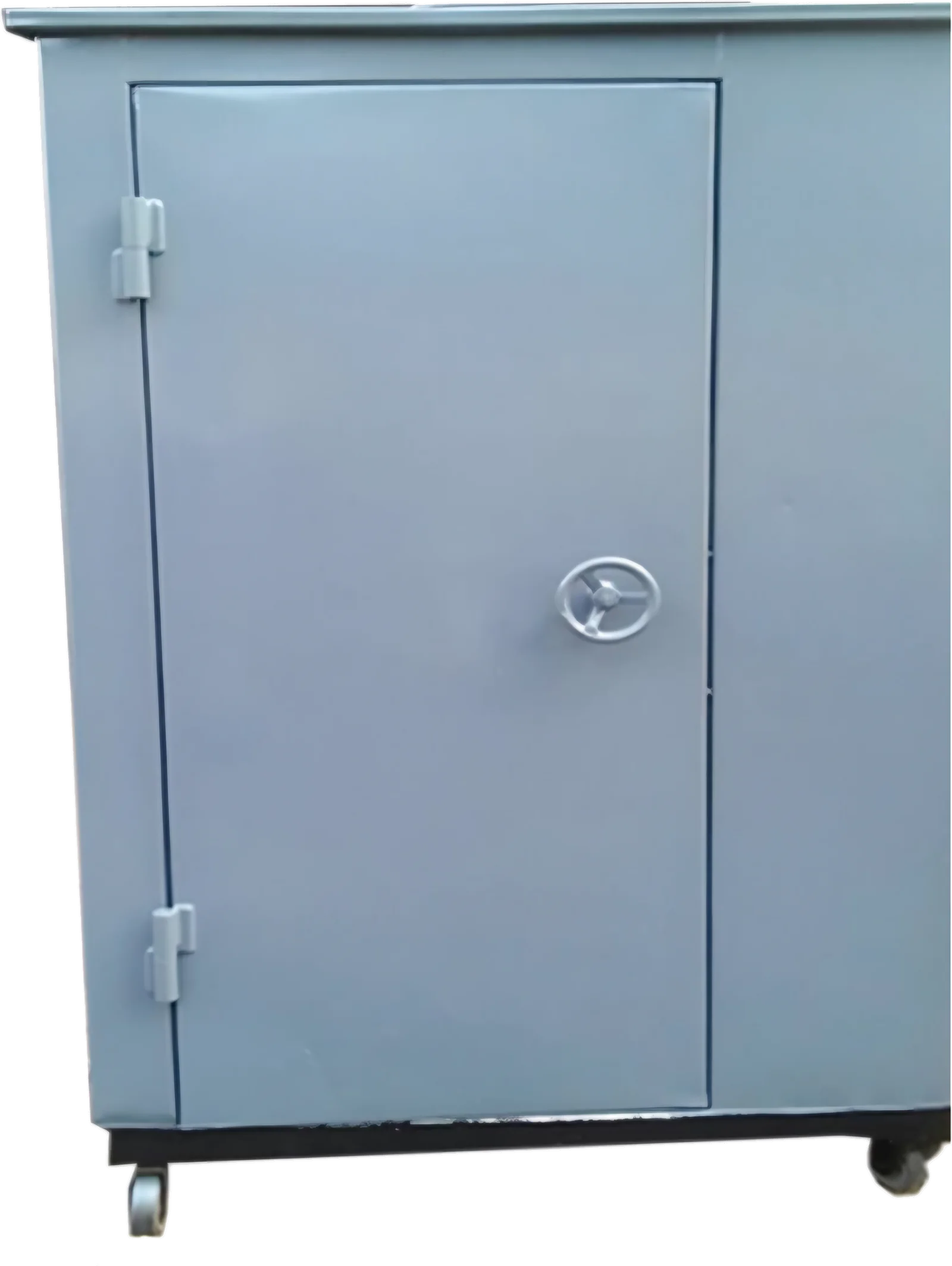 Grey electric drying cabinet with single door, wheel latch and castors