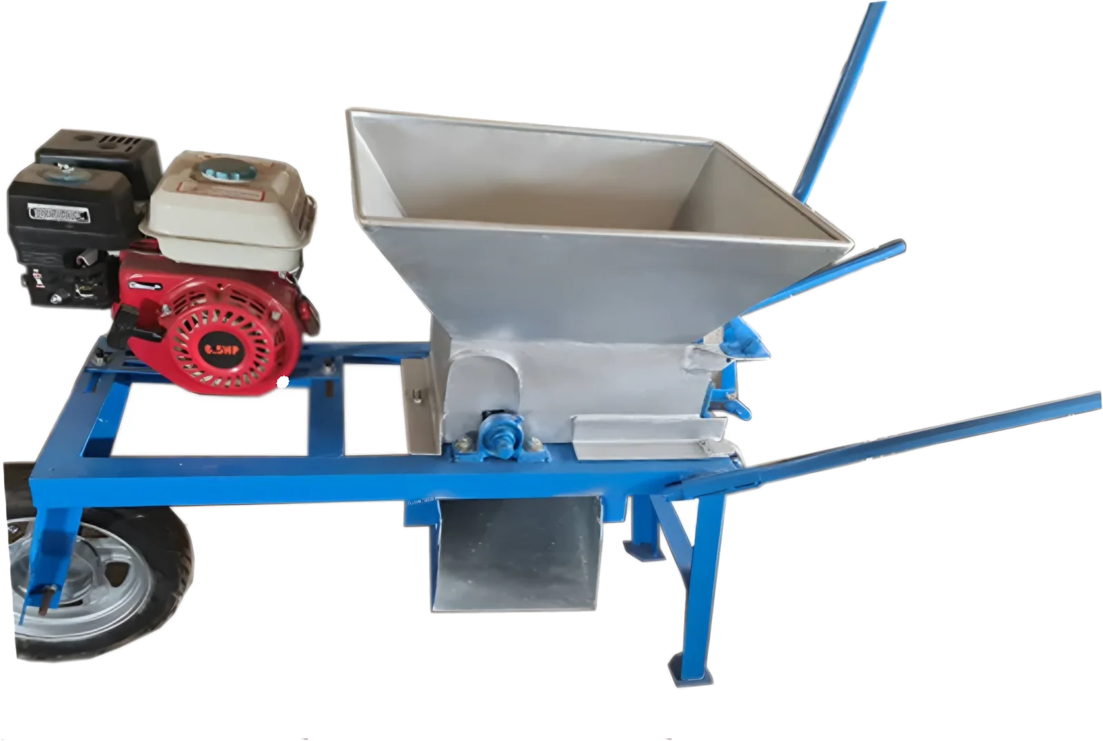Mobile cassava grater with petrol engine, stainless hopper and blue wheeled frame