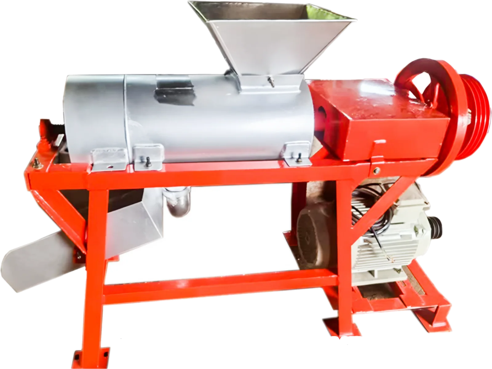 Pineapple juice extractor with stainless drum, hopper and orange-red frame