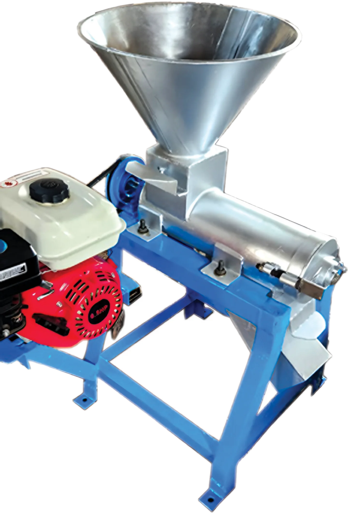 Small stainless steel palm nut digester with funnel hopper and red petrol engine on a blue frame