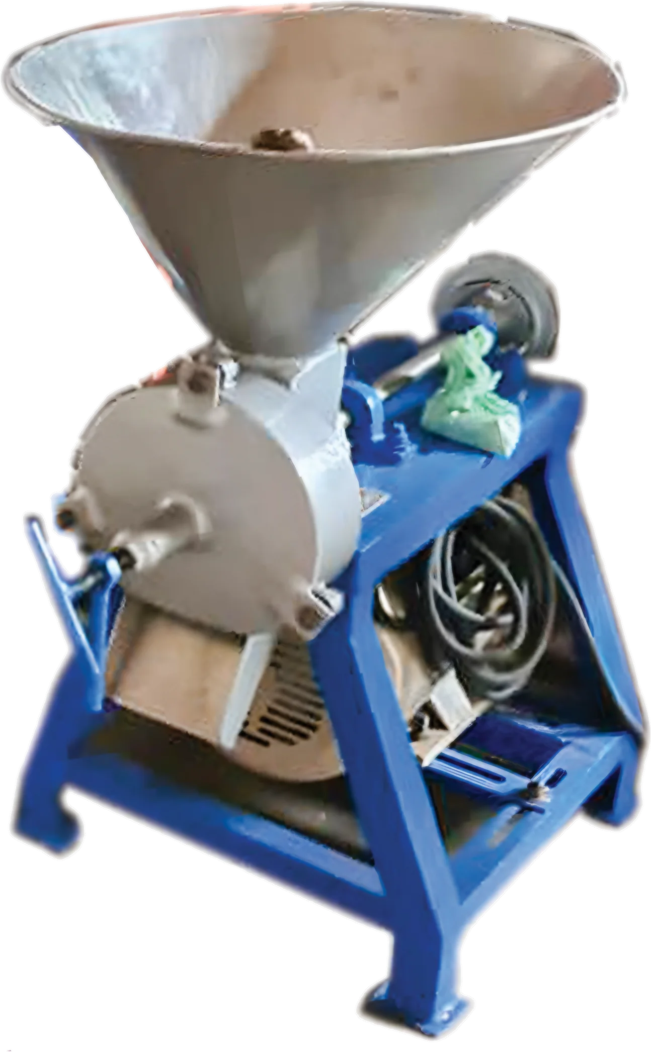 Vegetable grinder with large stainless funnel and grinding head on a blue A-frame stand