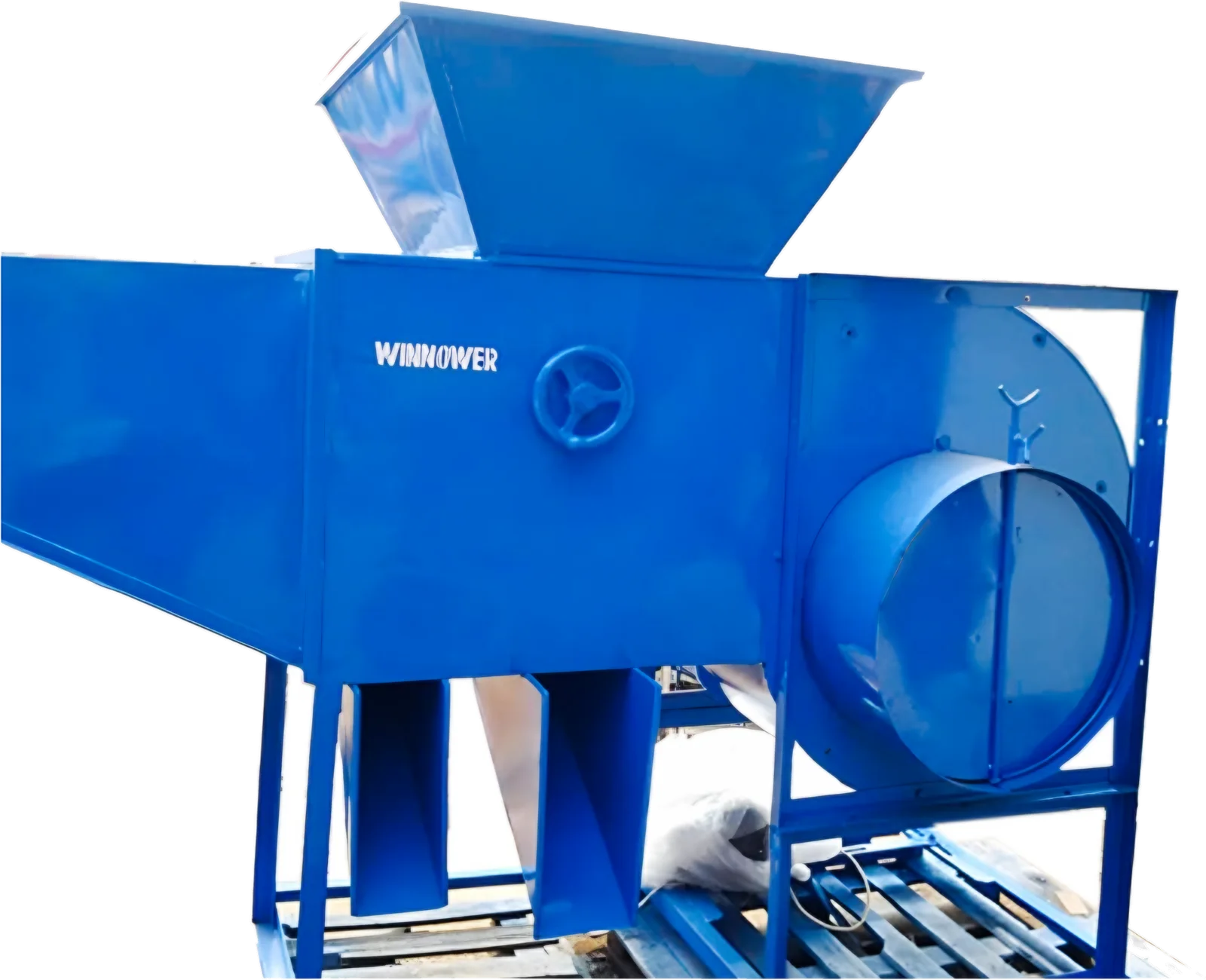 Blue winnower with feed hopper and centrifugal fan housing